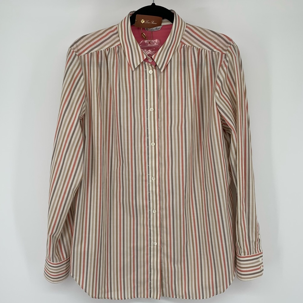 LORO PIANA  NEW Women’s Stripes Button Down Shirt 100% COTTON Details 100% SILK